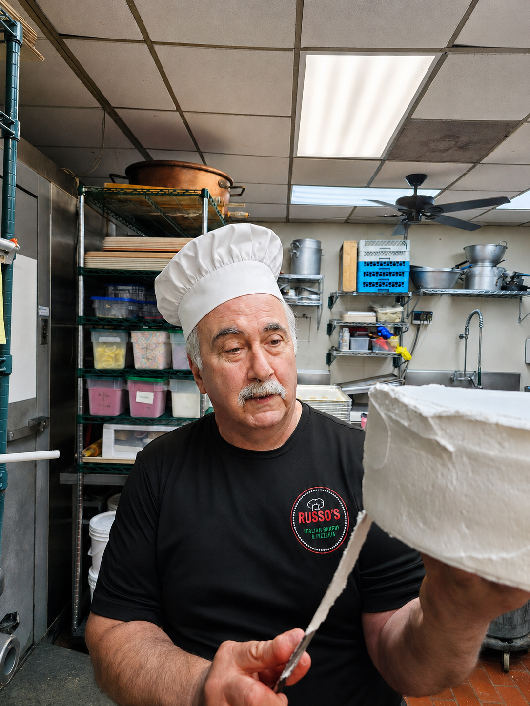 Baker wearing a Russo's Italian Bakery logo shirt